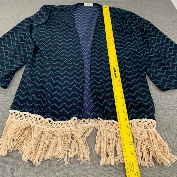 Kori America Open Boho Cardigan Beige Fringe Medium Green Navy Blue Top - Picture 2 of 11